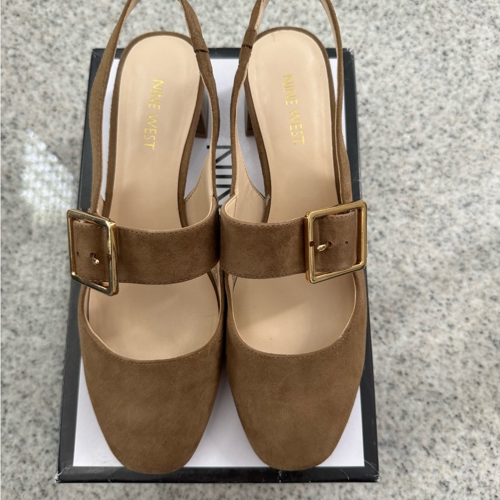 Nine West NW Wendor Olive Grn Suede Women’s Sling Back Shoe Size 8.5, 1.5” Heel